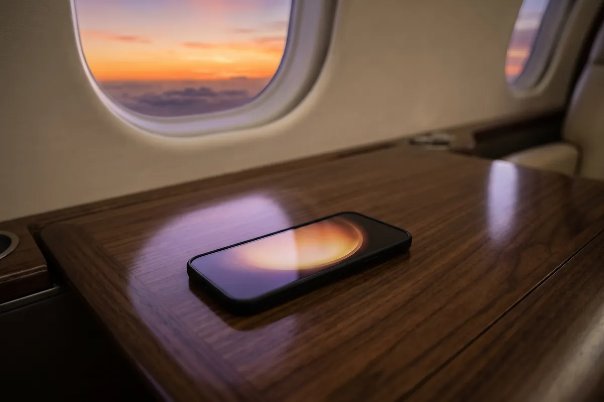 A phone resting on a walnut cabin table beside a window at dusk