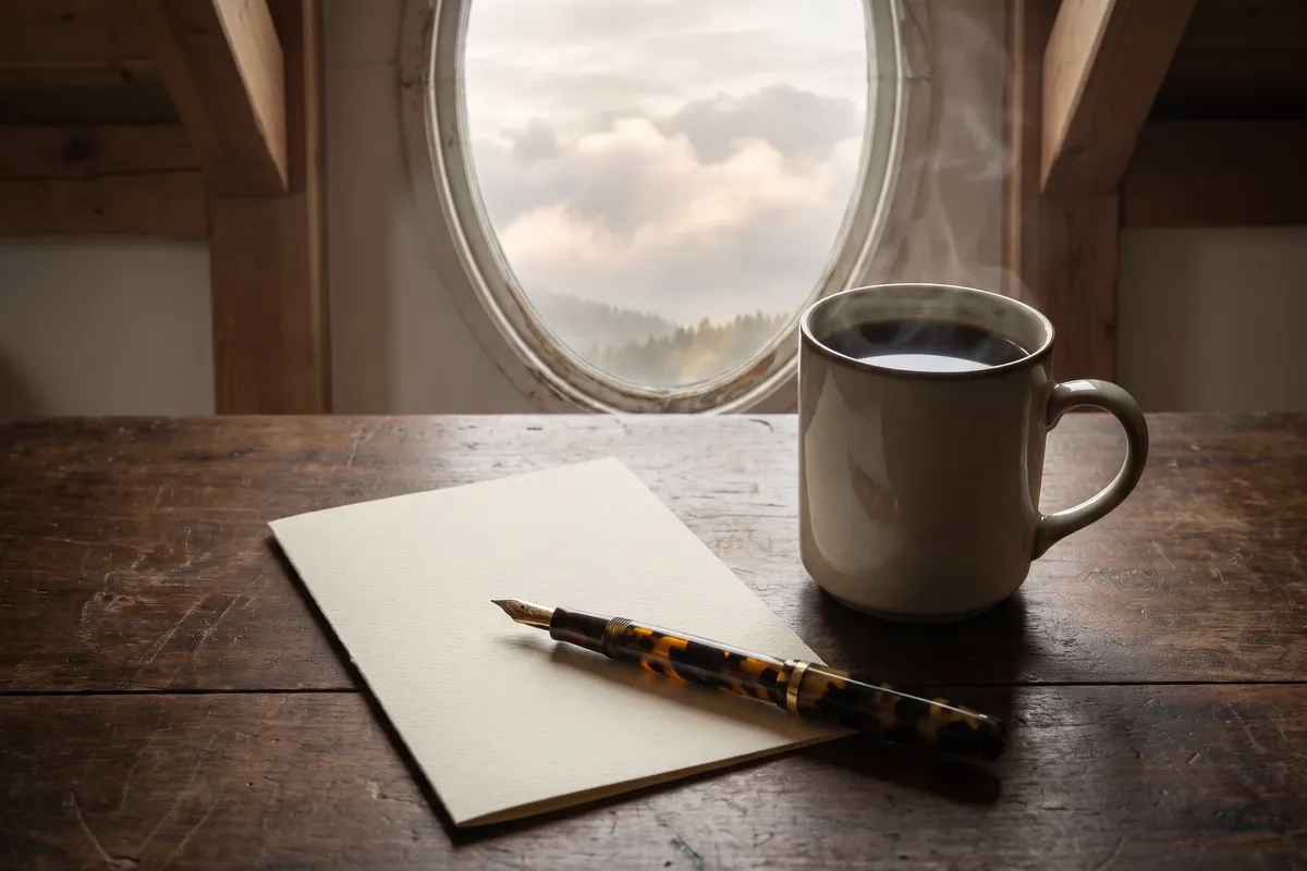 A fountain pen on a blank cream card beside a coffee cup on a walnut cabin table