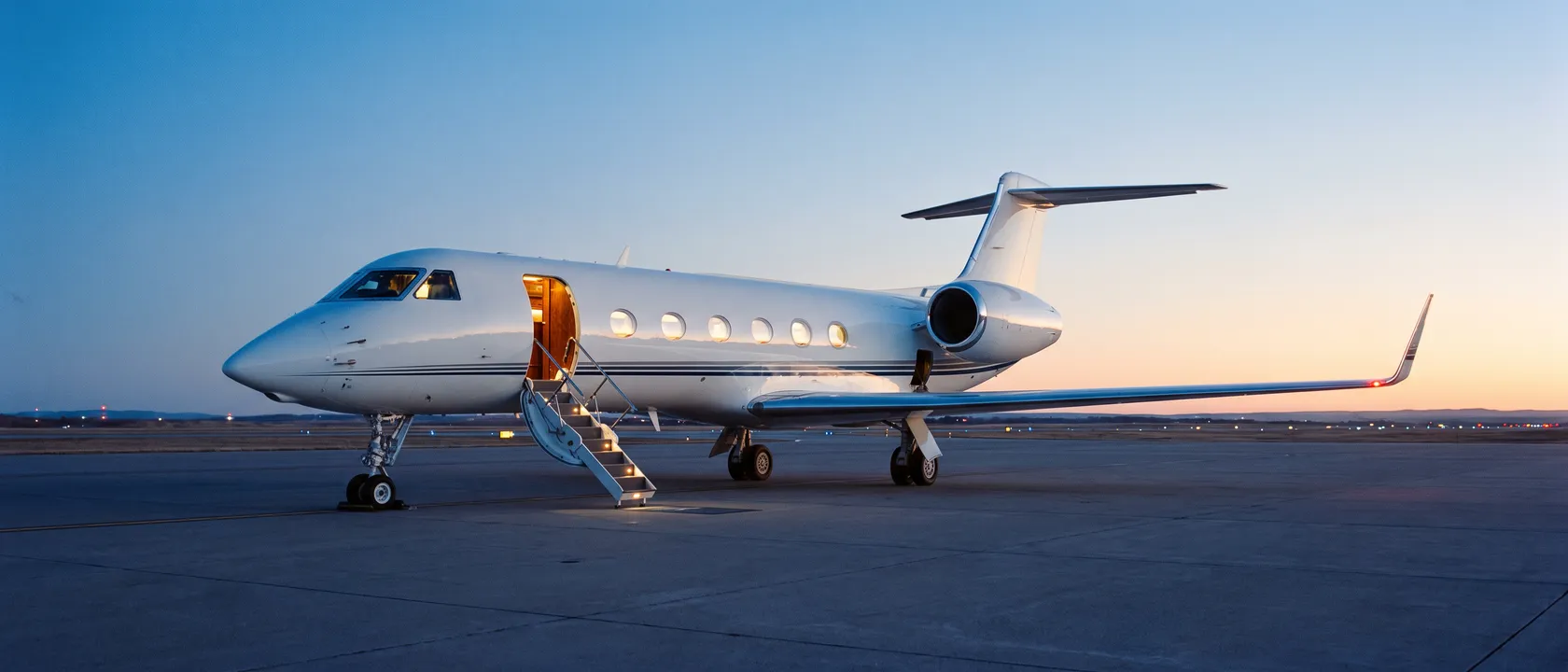A business jet on a quiet apron at blue hour, airstair lowered and cabin lights on
