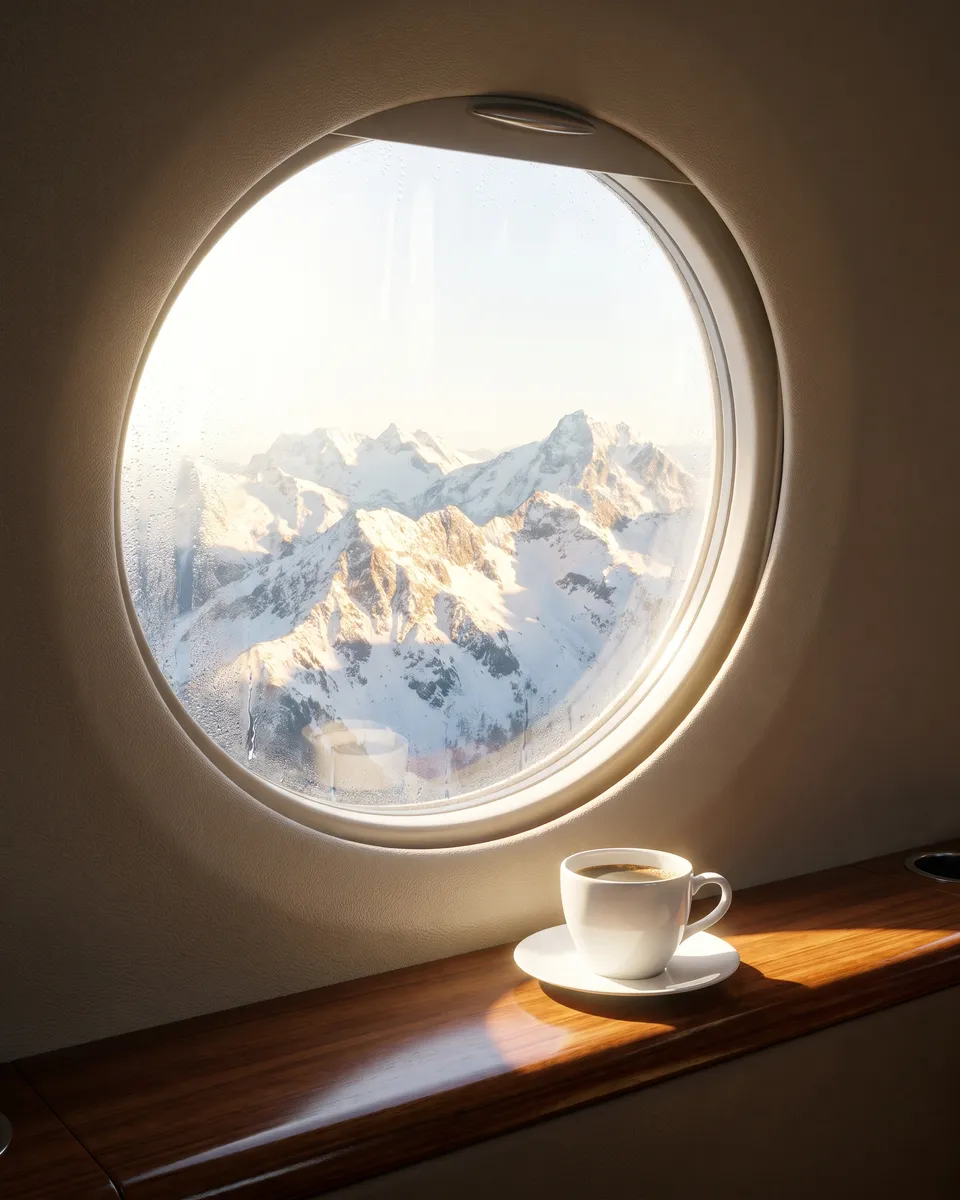 Snow-covered mountains seen through a cabin window, a coffee cup on the ledge