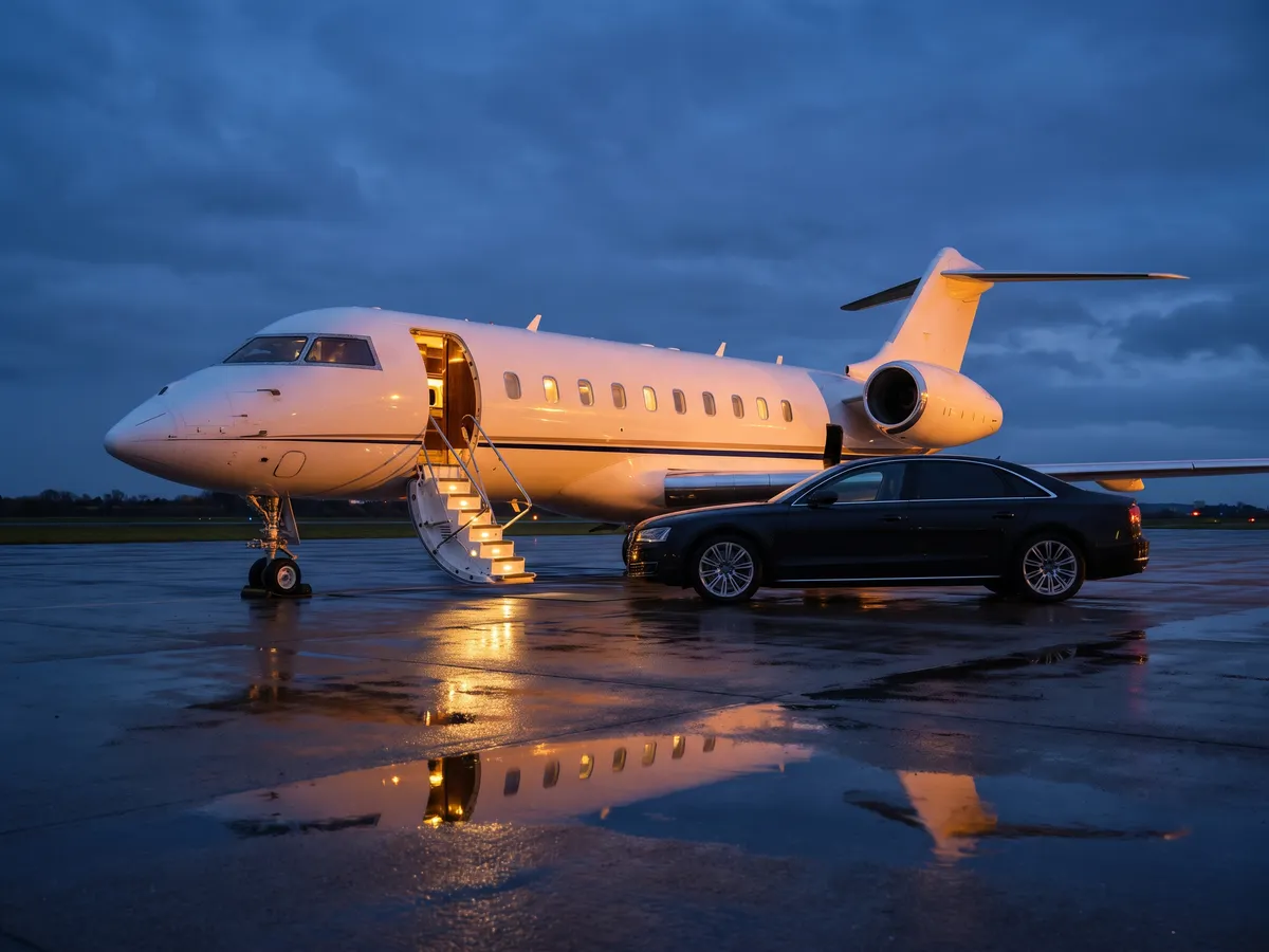 A private jet's airstair lowered on a quiet apron at dusk, a car waiting beside it