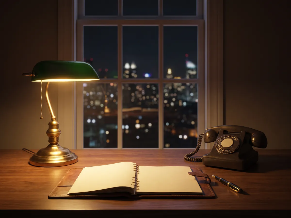 An advisor's desk at night: a telephone, a flight folder and a window over the city