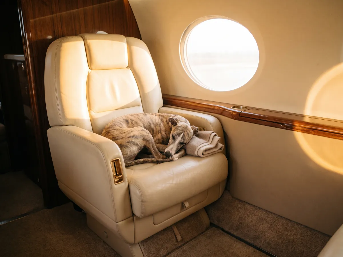 A whippet curled on a cream leather seat in a private jet cabin
